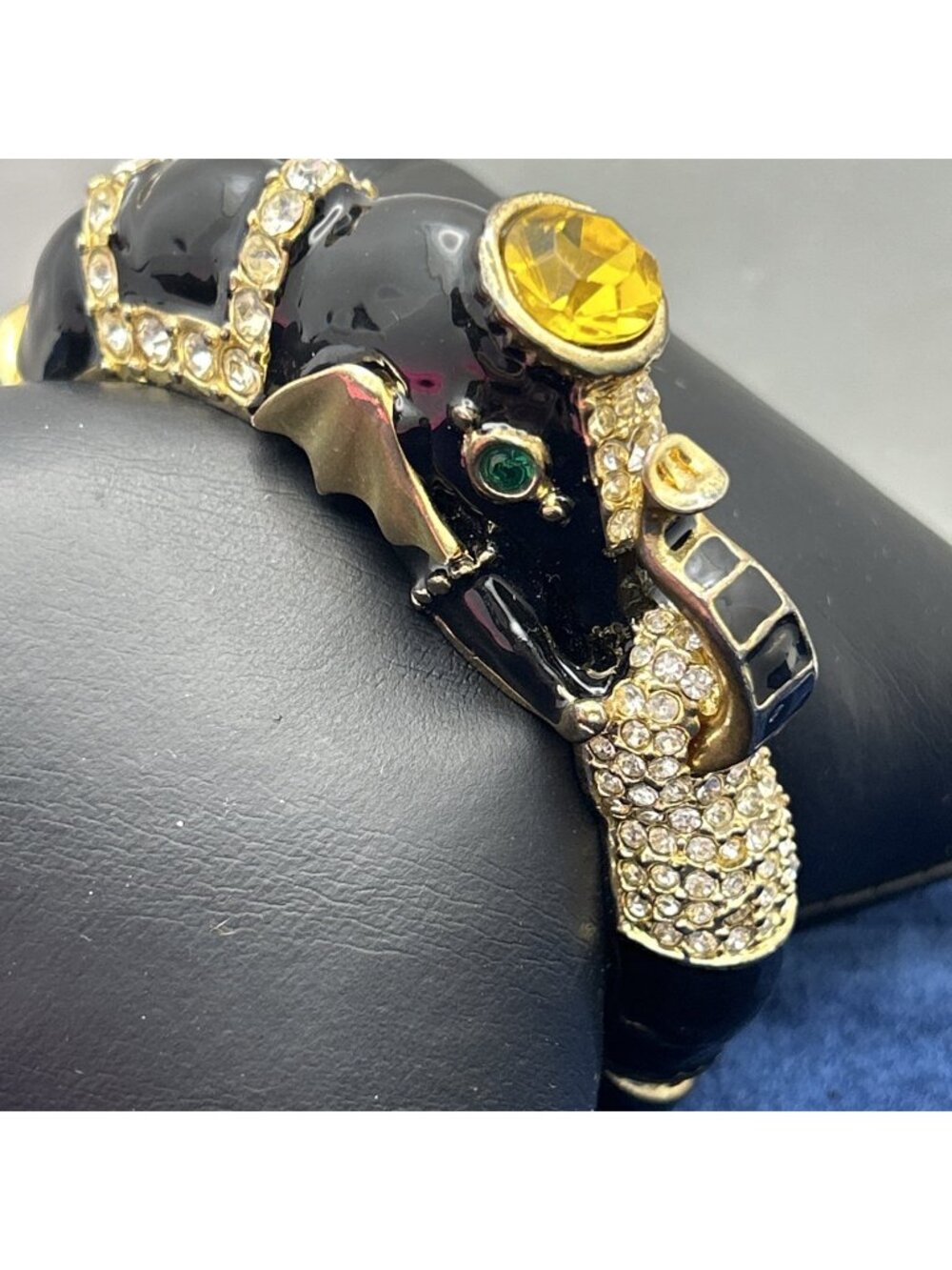 Vintage Black Enamel Crystal Gold Tone Elephant Bangle Bracelet